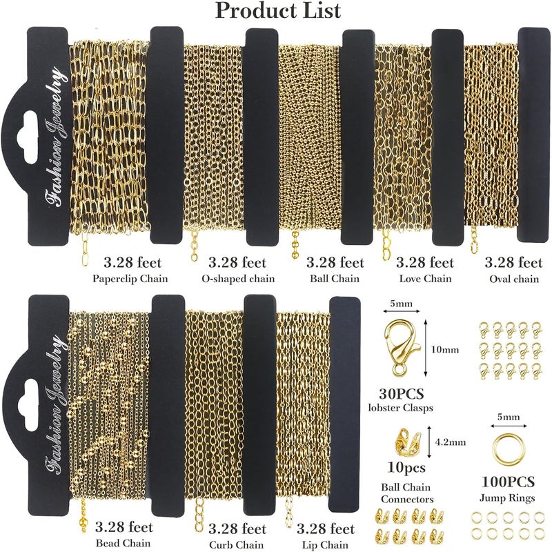 Ecoofor 14k Gold Necklace Chains for Jewelry Making, Total 27 Feet 8 Rolls Bracelet Chains for DIY, 3.3 Feet Each Style, 14K Gold Plated Chain with Jump Rings/Lobster Clasps/Connectors - Image 4